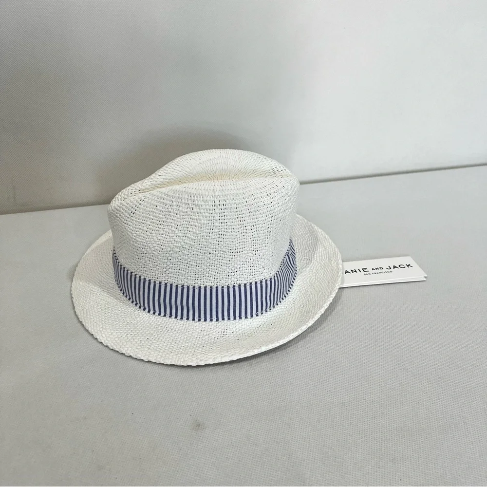 Janie And Jack Fedora Straw Hat Blue Striped Around Detail Kids Size 6-12 Months